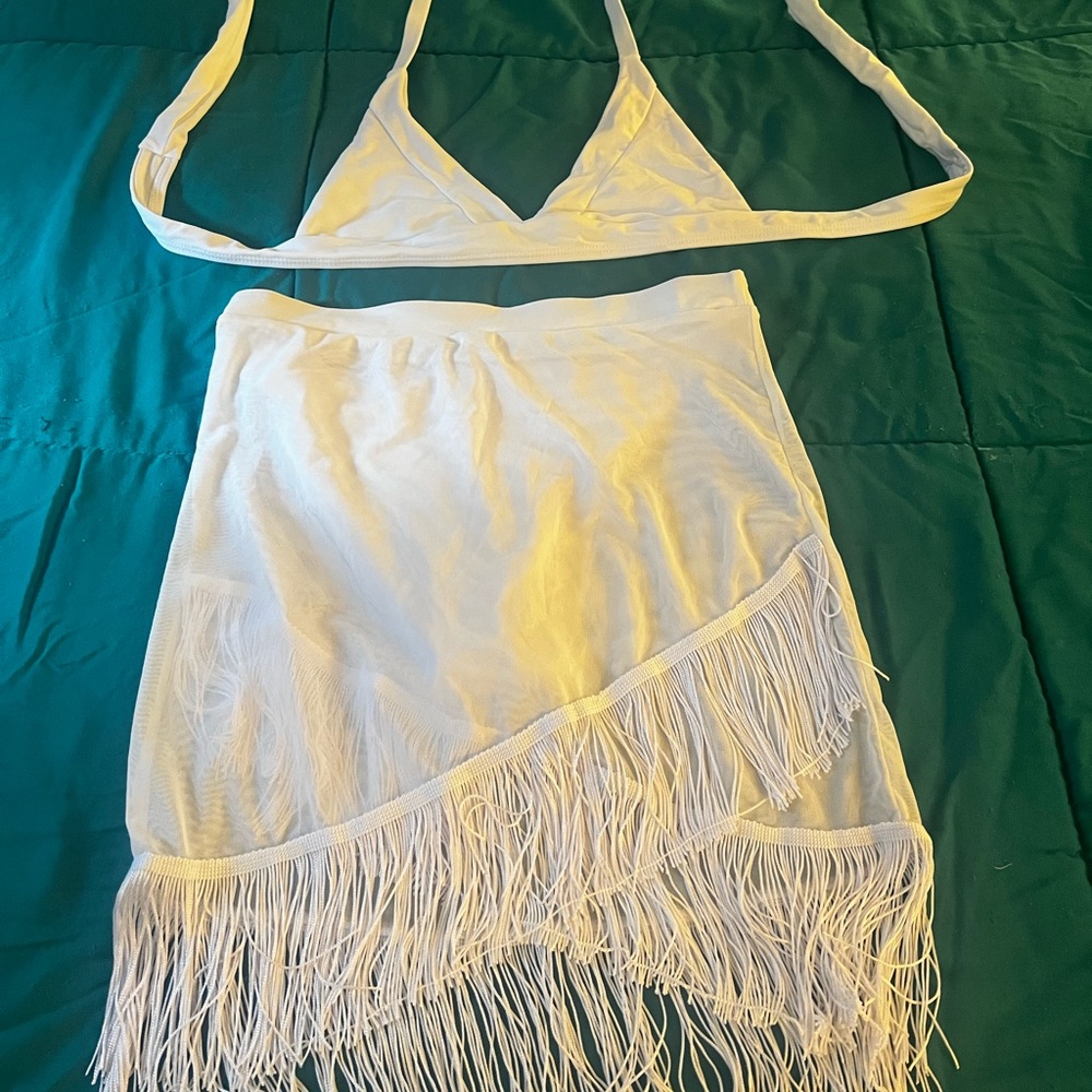 White bikini with cover-up from Fashion Nova
